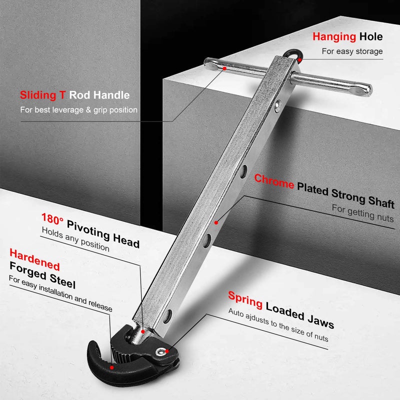 HAUTMEC Telescoping Basin Wrench, Sink Wrench, 3/8" to 1-1/4" Jaw Capacity, 10" to 17" Extendable Handle, Steel Sink Faucet Remover PL0025 - Image 2